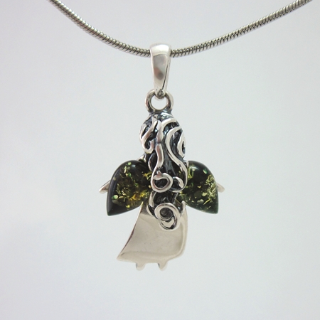 Sterling Silver Angel Pendant with Green Amber Wings - Click Image to Close